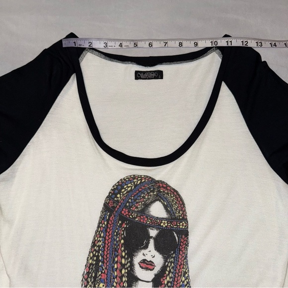 LAUREN MOSHI T Shirt Black White Hippie Girl Colourful Harmony Peace Love Size L - Picture 7 of 11